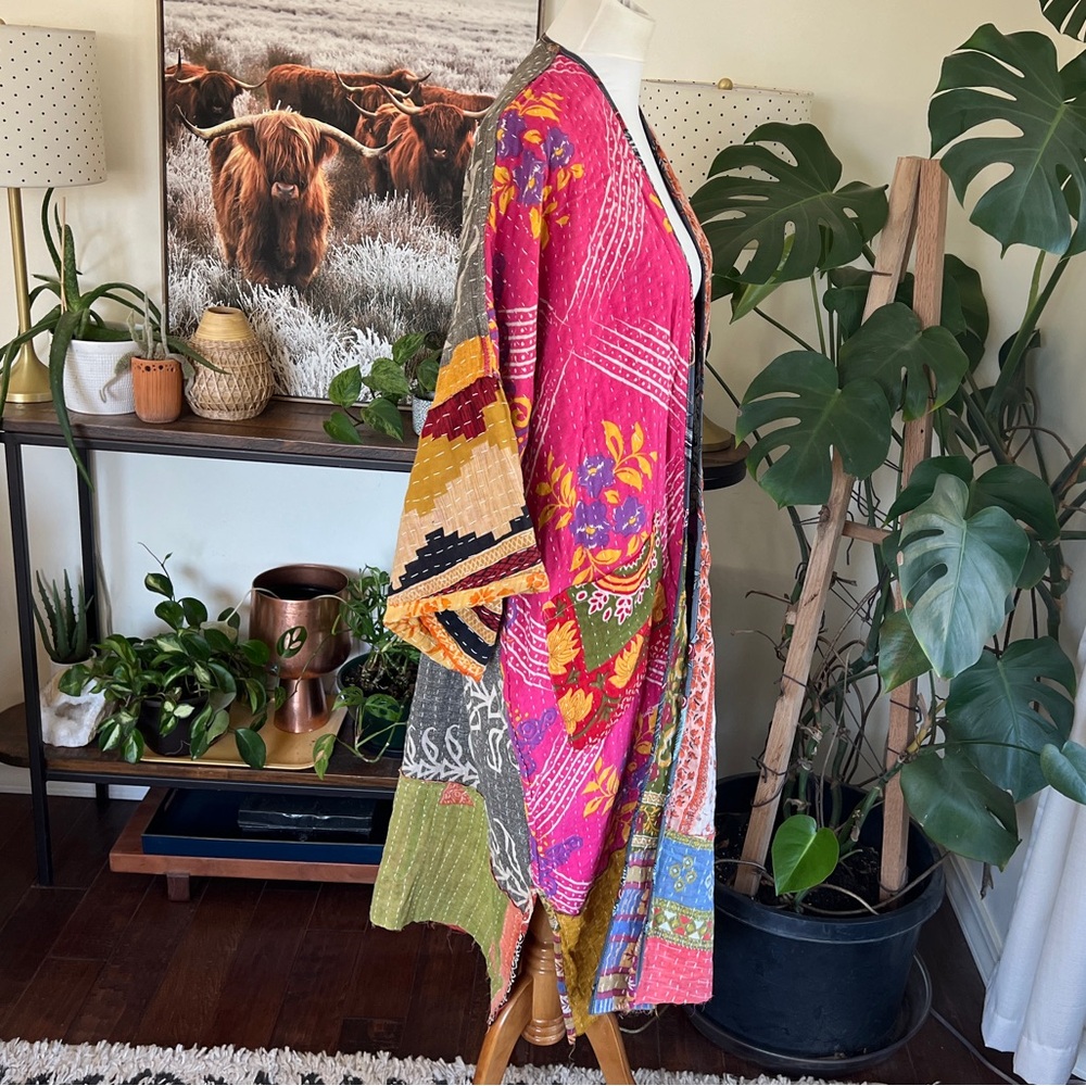 Kantha India Sari Colorful Bell Sleeve Kimono Robe OS NWOT - Picture 10 of 16